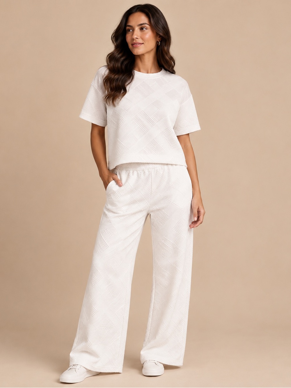 STACCATO White Textured Two Piece Set Top Wide Leg Pants Quiet Luxury S